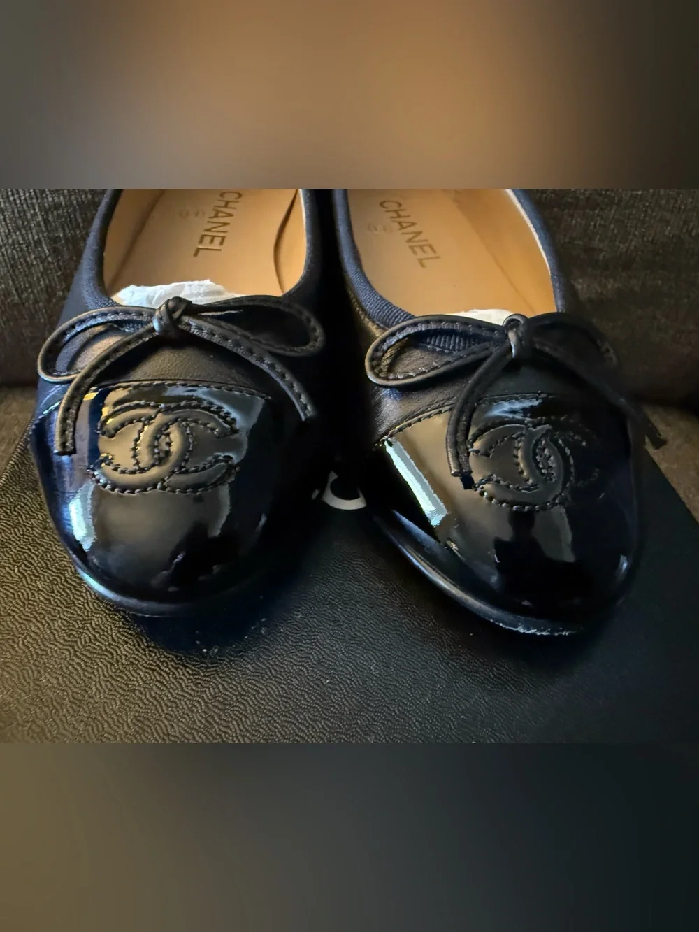 Chanel Classic Black Patent Cap-Toe Ballet Flats 36